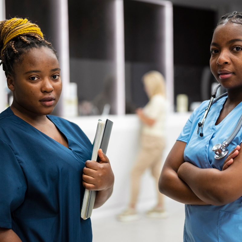 Healthcare professionals working with AI
